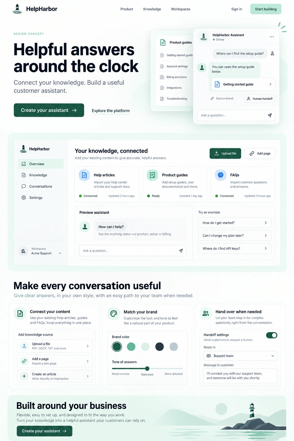 HelpHarbor AI assistant platform design concept with a knowledge-based chat interface