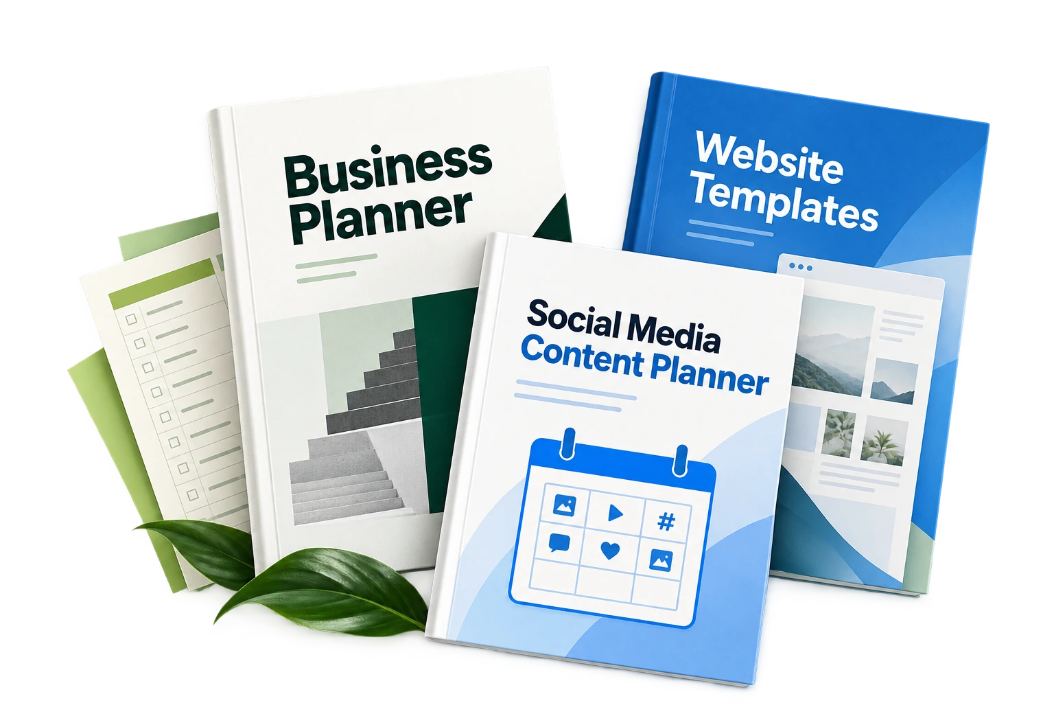 Illustrative business planner, website template and social media content planner covers for custom product creation